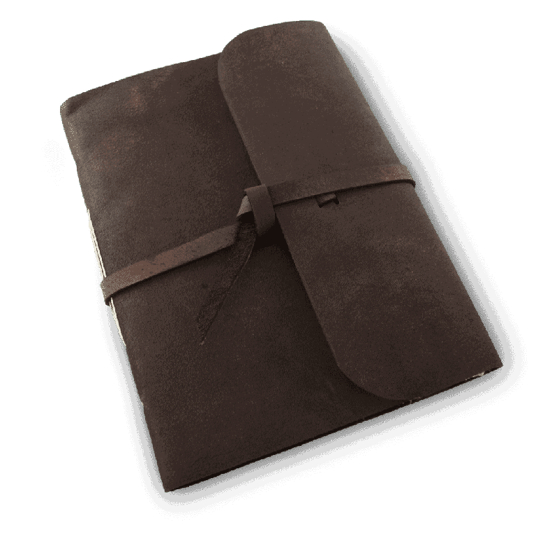 Nepali Everest Explorer leather journal with a wrap strap and deckle-edge lokta pages