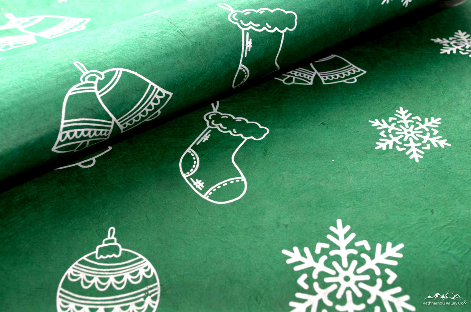 Handmade Lokta Paper, green with holiday christmas memories print