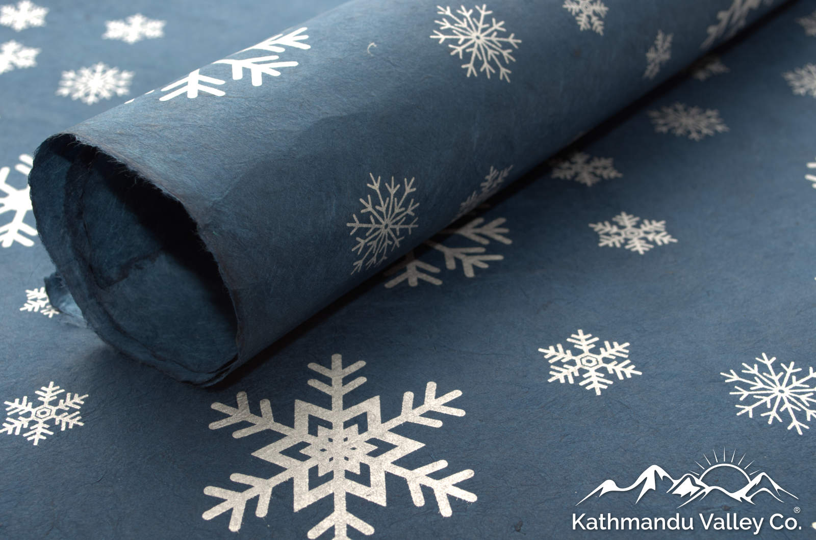 Blue Wrapping Paper with Snowflake print on handmade lokta paper from Nepal