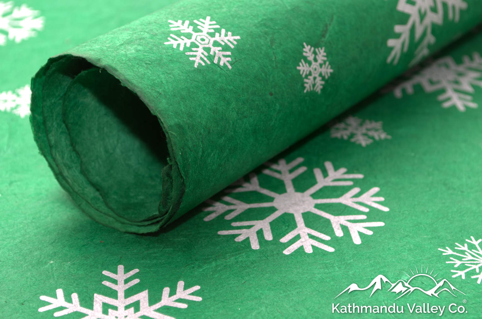 Winter Green Snowflake print lokta wrapping paper handmade in Nepal