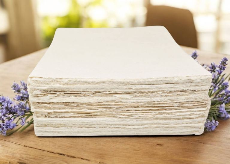 A stack of handmade 5x7 lokta card stock with feathered deckle edges on a wooden table in window light