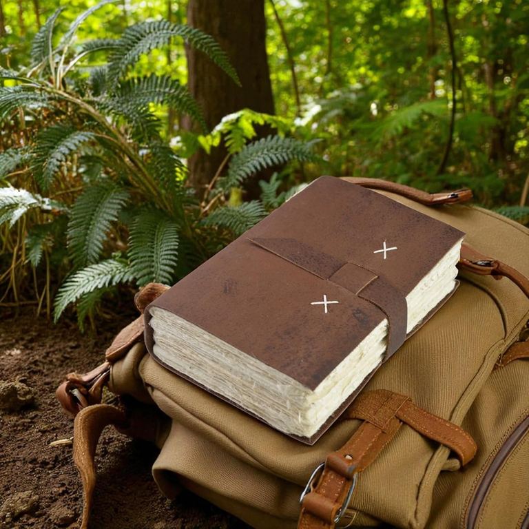handmade lokta paper journal on backback
