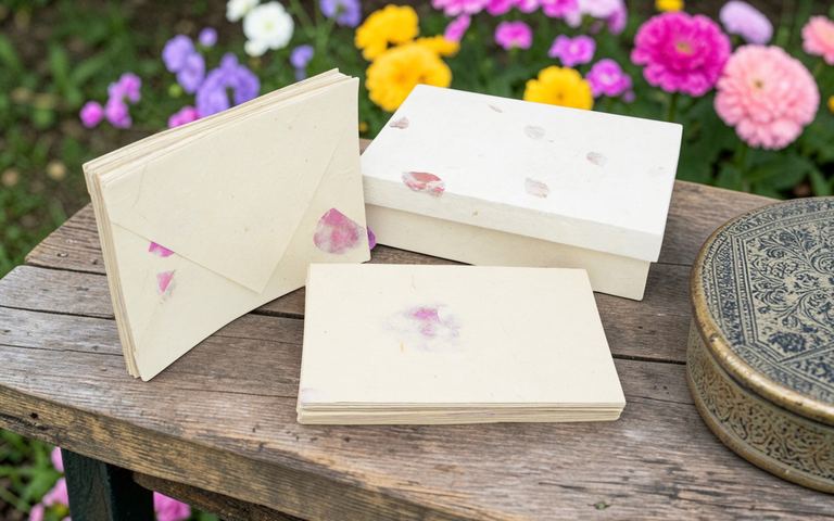 Bougainvillea Cherish Cards and their box on a wooden table beside a brass bowl and garden flowers