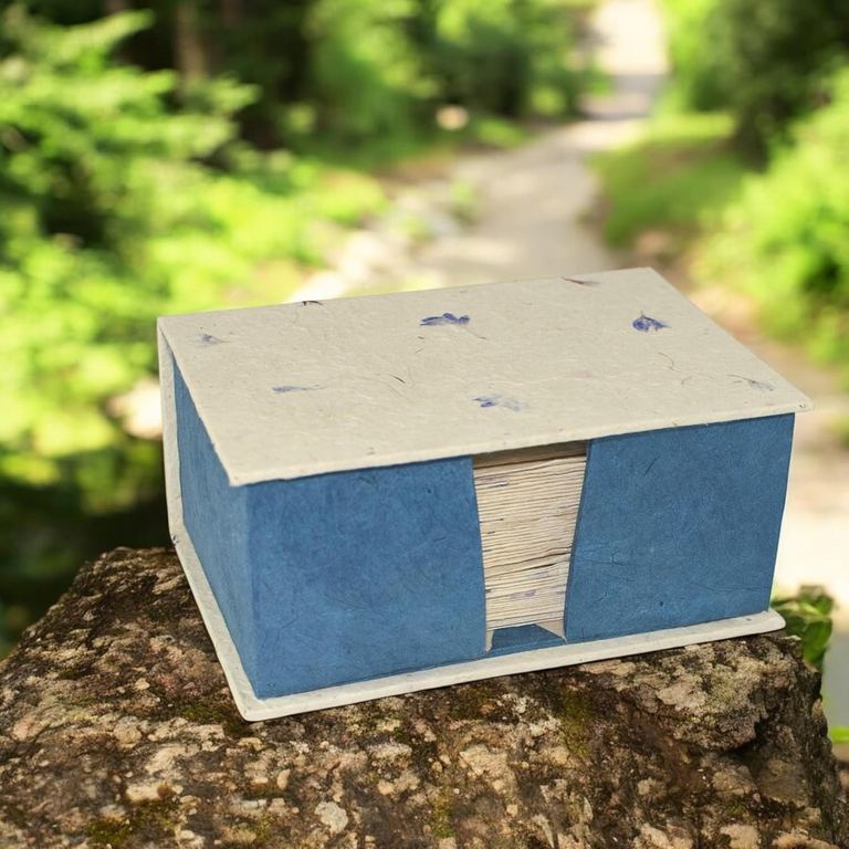 The 25-card Cornflower set in its blue-sided box on a rock beside a garden path