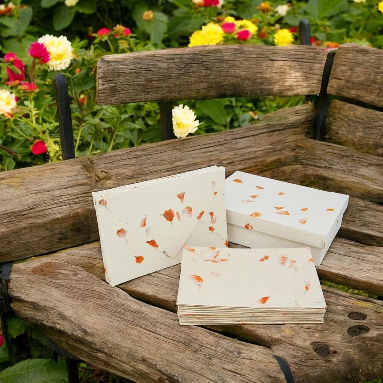 Marigold Cherish Cards and their box on a garden bench among bright flowers