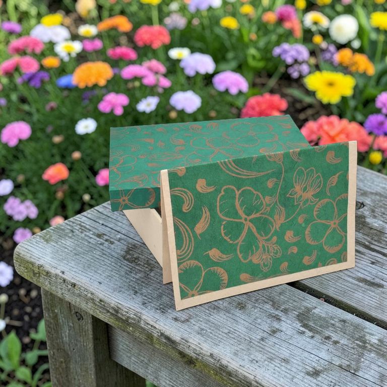 A Rainforest Cherish Card, green with a copper flower print, standing on a garden bench