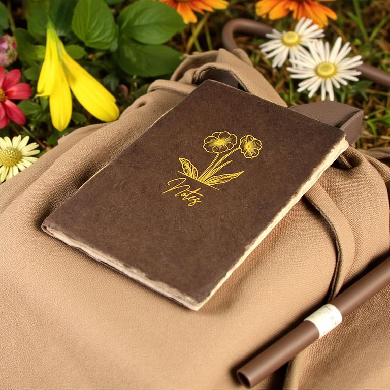 The Dark Walnut Heritage Deluxe Companion notebook resting on a canvas bag among wildflowers