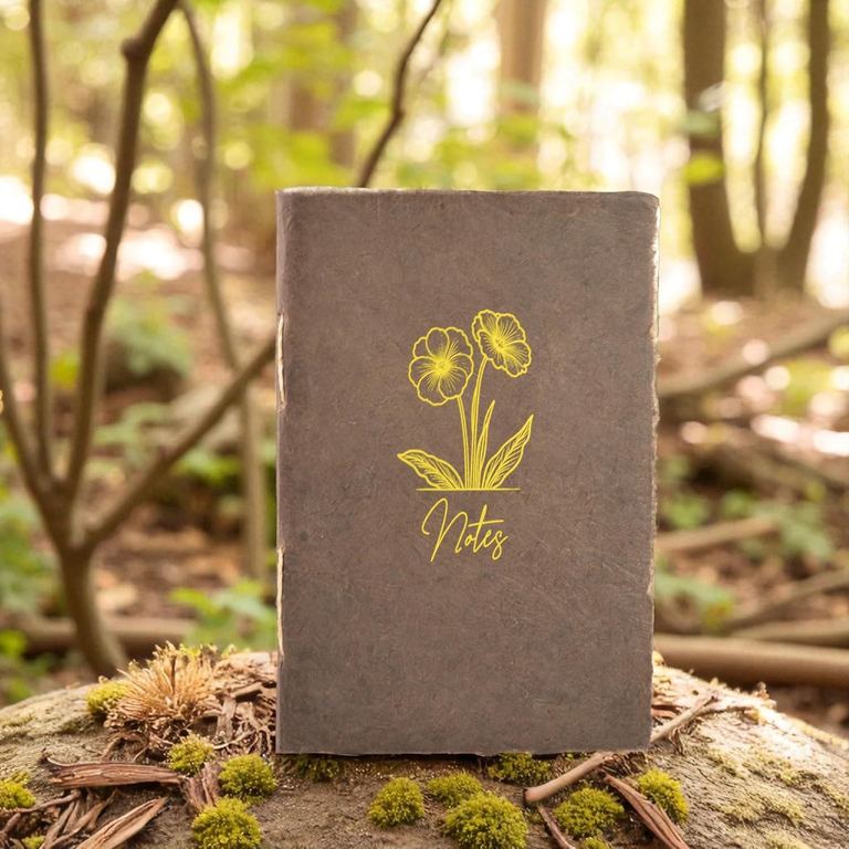 The Dark Walnut Heritage Deluxe Companion notebook standing on a mossy stump in a sunlit forest