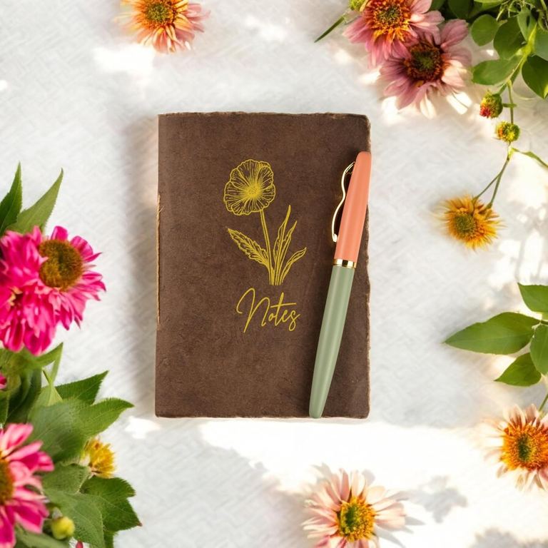 The Pocket Dark Walnut Heritage Deluxe Companion notebook with a pen on a white table ringed with flowers