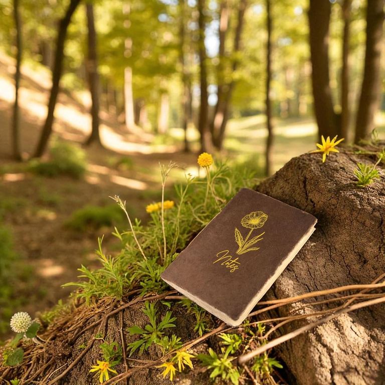 The Pocket Dark Walnut Heritage Deluxe Companion notebook leaning on a stump in a sunlit forest