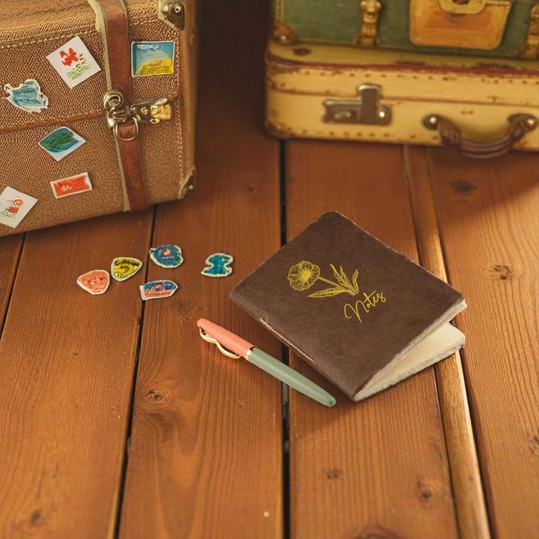 The Pocket Dark Walnut Heritage Deluxe Companion notebook with a pen on a wooden floor beside vintage suitcases