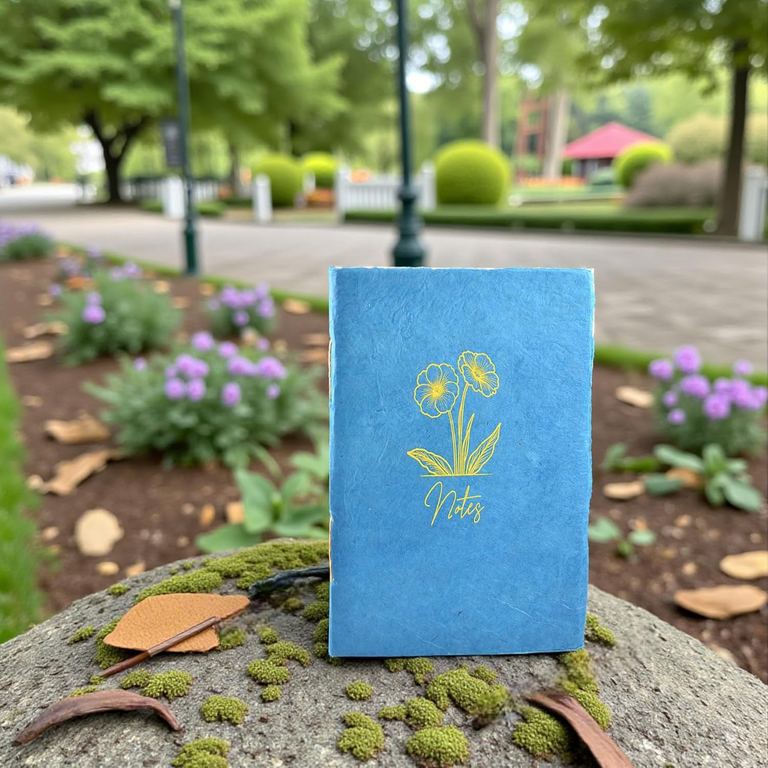 The Indigo Heritage Deluxe Companion notebook standing on a stone in a park full of purple flowers