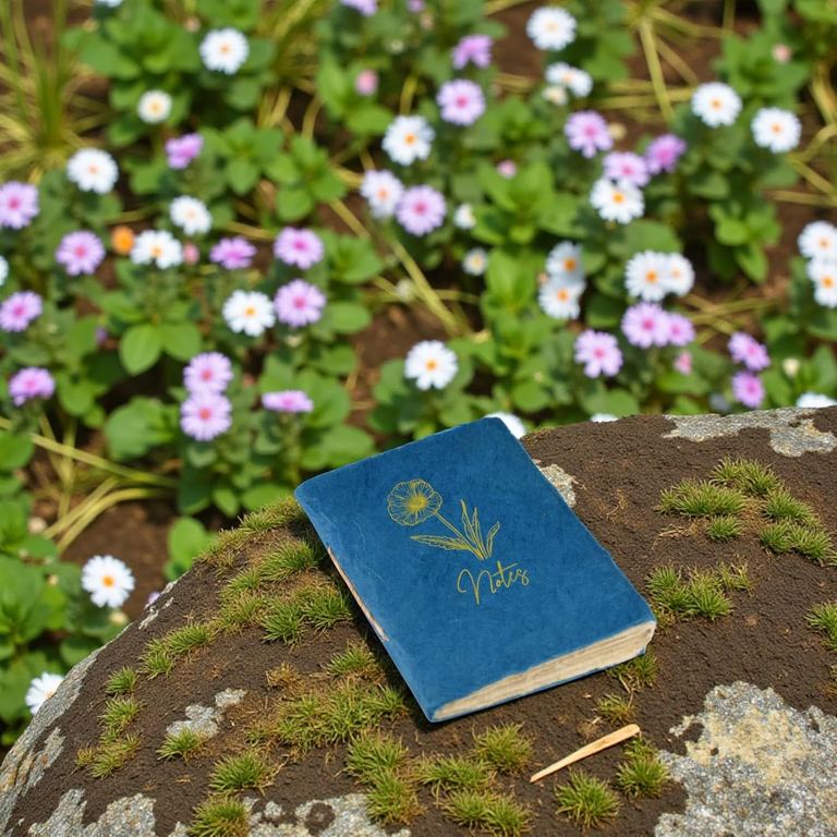 The Pocket Indigo Heritage Deluxe Companion notebook on a mossy rock among purple flowers