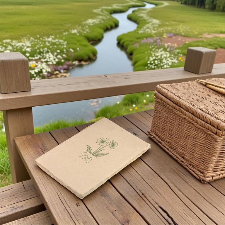 The Natural Heritage Deluxe Companion notebook on a wooden bench beside a stream, a picnic basket behind