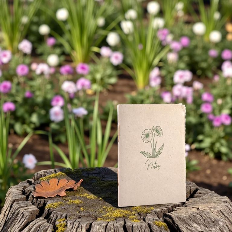 The Natural Heritage Deluxe Companion notebook standing on a tree stump among pink wildflowers