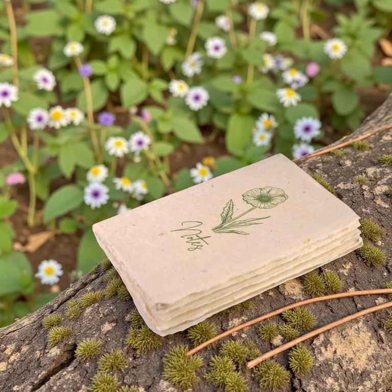 The Pocket Natural Heritage Deluxe Companion notebook on a log among white and purple wildflowers