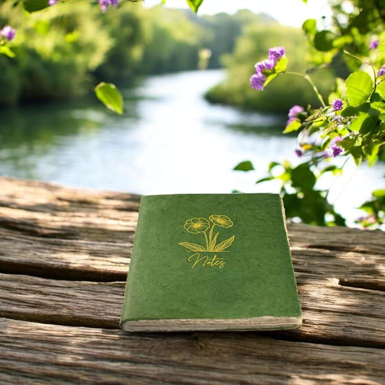 The Sage Heritage Deluxe Companion notebook on a weathered log beside a river