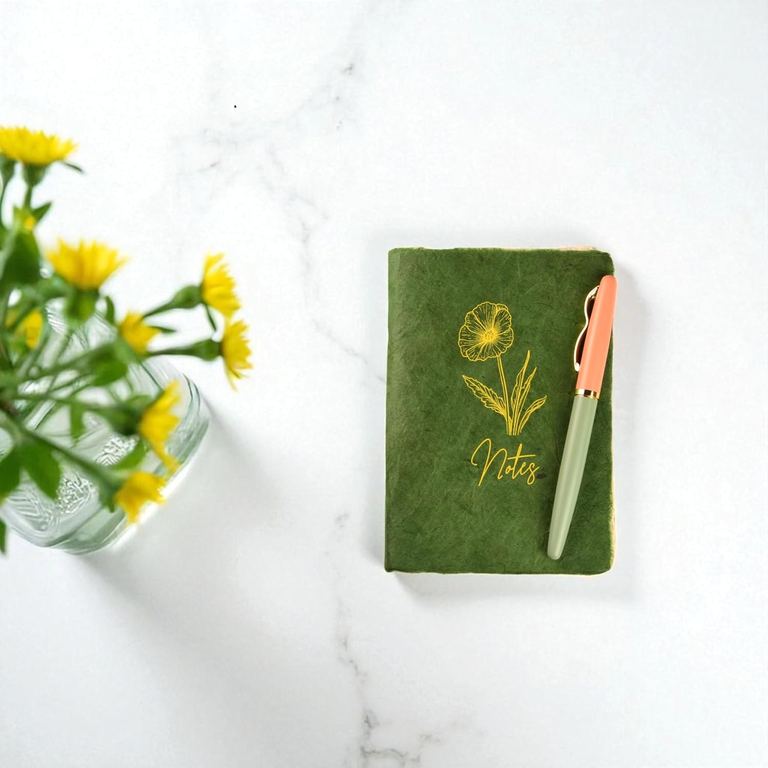 The Pocket Sage Heritage Deluxe Companion notebook with a pen on white marble beside a glass of yellow flowers