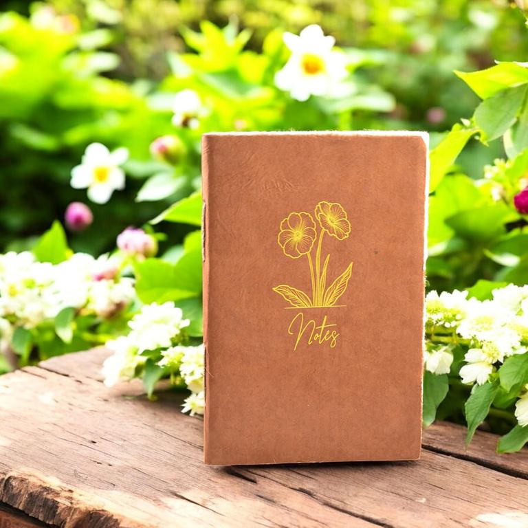 The Terra Cotta Heritage Deluxe Companion notebook standing on a garden table among white flowers