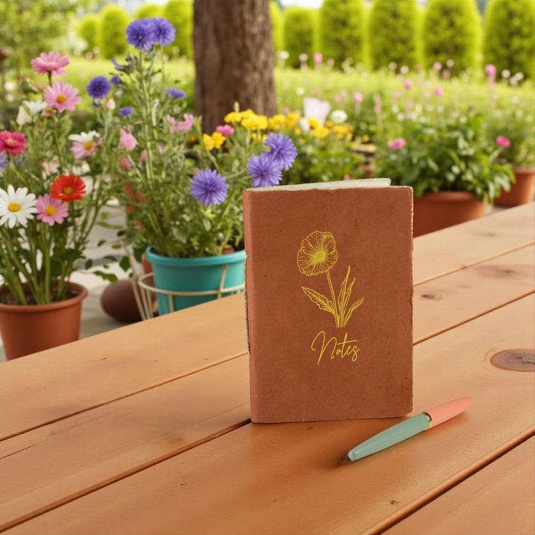 The Pocket Terra Cotta Heritage Deluxe Companion notebook standing on a garden table beside a pen