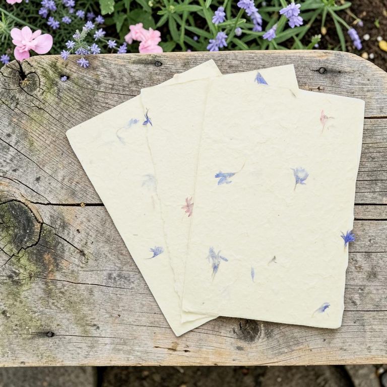 Sheets of 5x7 cornflower petal lokta card stock on a weathered garden bench