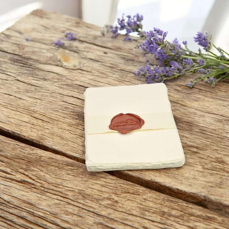 A banded pack of off-white 5×7 cotton card stock with a wax seal on a weathered table beside lavender