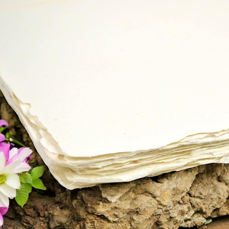 The corner of a stack of off-white cotton printer paper on a rock, its deckled edges layered, pink and white flowers beside it