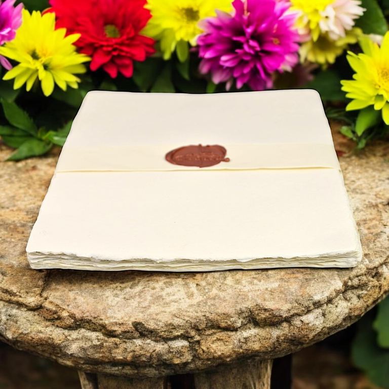 A banded pack of off-white 8.5×11 cotton printer paper on a stone pedestal in front of bright garden flowers