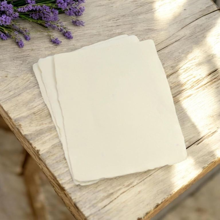 Sheets of off-white 8.5×11 cotton paper fanned out on an old wooden bench beside lavender