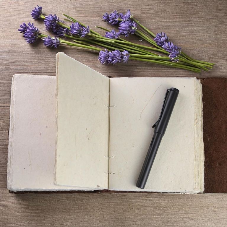 The medium Everest Explorer journal open on a wooden table beside sprigs of lavender