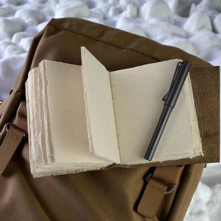 The small Everest Explorer journal open on a pack in the snow, a pen resting on its deckle-edged pages