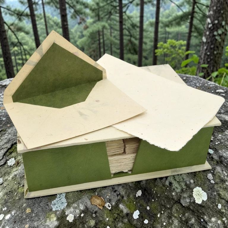 A Fern Leaf stationery box open on a lichen-covered rock in a pine forest, a sheet and an envelope resting on the lid