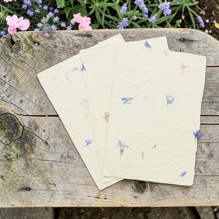 Sheets of cornflower-petal 5×7 lokta card stock fanned out on a wooden bench in a flower garden