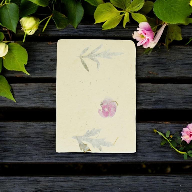 A single Forest Wanderer card on dark boards, a pink rose and green leaves around it