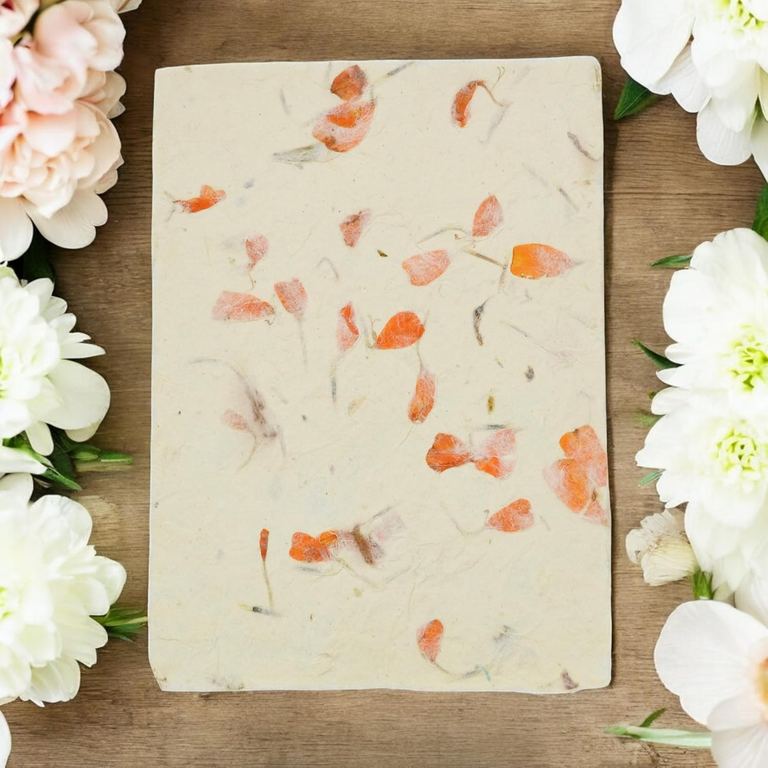 A sheet of marigold card stock on a wooden table framed by white and blush flowers