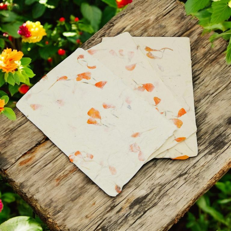 Sheets of marigold-petal 5×7 lokta card stock on a rustic wooden board among garden flowers