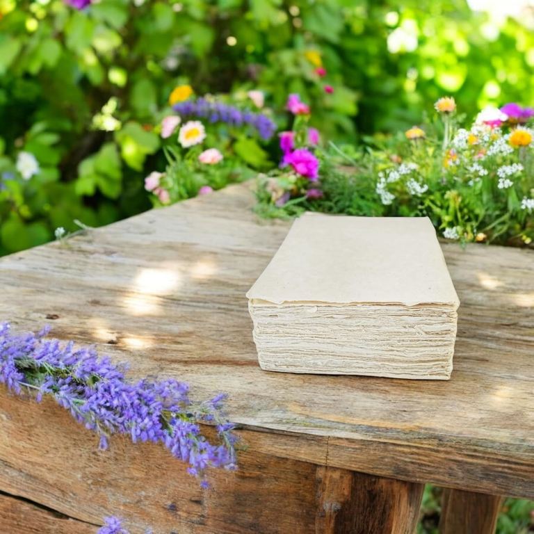 A stack of natural 5×7 lokta card stock with deckled edges on a weathered garden table beside lavender