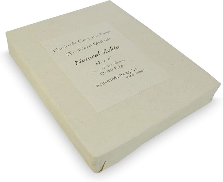A 100-sheet pack of traditional lokta card stock with its handwritten label