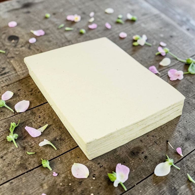 A stack of 8.5 × 11 traditional lokta card stock with deckled edges on weathered wood, pink petals scattered around it