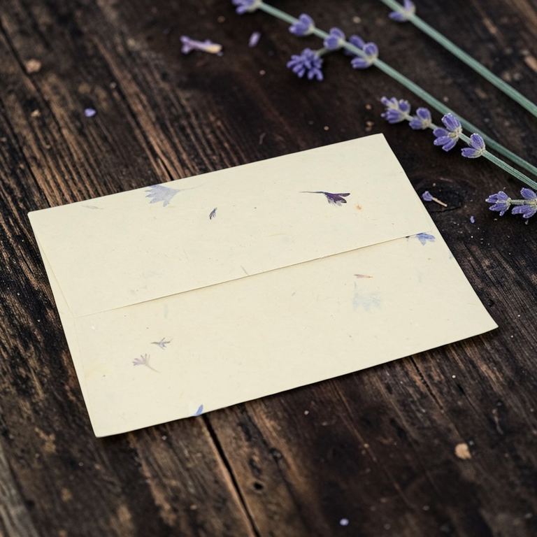 A cornflower lokta envelope on dark wood with sprigs of lavender