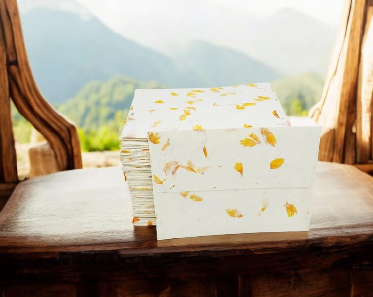 Marigold-petal 5×7 lokta envelopes on a wooden chair by a window, green hills outside