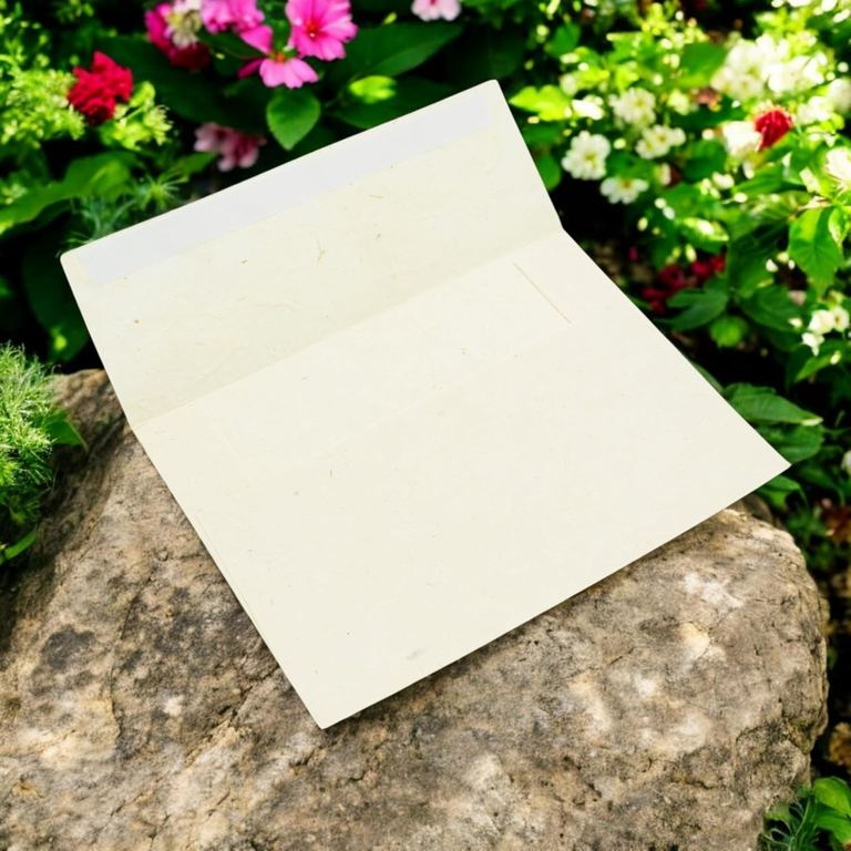 A natural 4×6 lokta envelope, flap open, propped on a rock among garden flowers