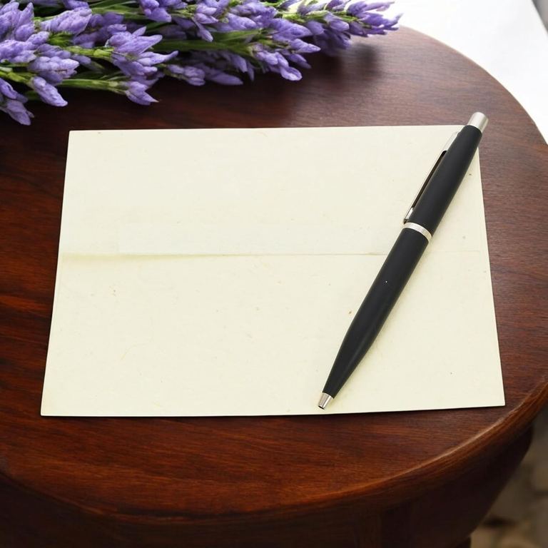A natural 4×6 lokta envelope with a pen on a round dark table beside lavender