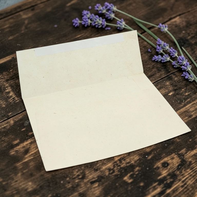 A natural lokta envelope, flap open, on weathered boards beside lavender