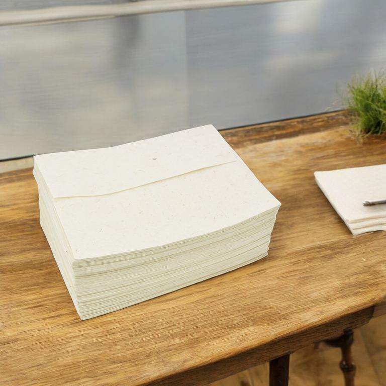 A stack of natural 5×7 lokta envelopes on a wooden table by a window