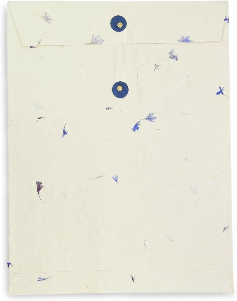 The 10 × 13 inch cornflower lokta envelope with blue buttons