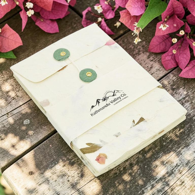 A banded 10-pack of Forest Wanderer pocket envelopes on a sunlit wooden table beside bougainvillea