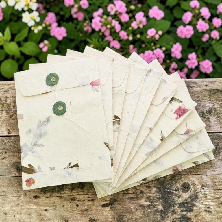 Ten Forest Wanderer lokta pocket envelopes fanned on a weathered bench, pink flowers behind; petals and titepati leaves in the paper