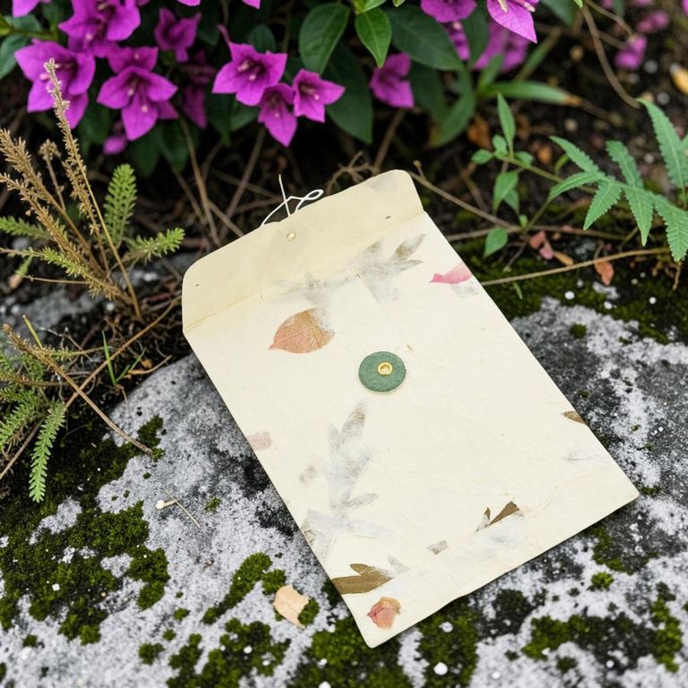 A Forest Wanderer pocket envelope, flap open, on a mossy stone beneath bougainvillea