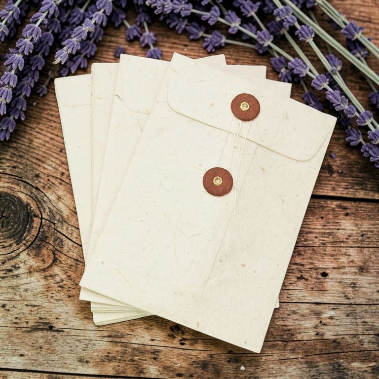 Natural lokta pocket envelopes with terra cotta buttons fanned on a weathered wooden table beneath lavender